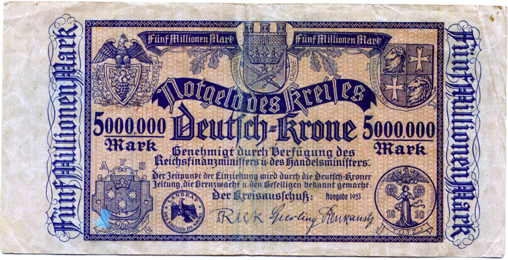 Notgeldschein über 5.000.000 Mark mit Sperlings Unterschrift aus dem Jahr 1923.