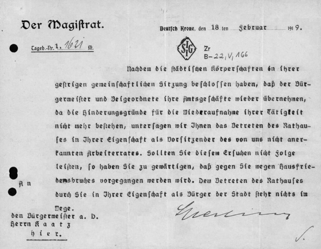 Brief Sperling an Herrn Kaatz, in dem diesen der Zutritt zum Rathaus verboten wird, vom 18.02.1919